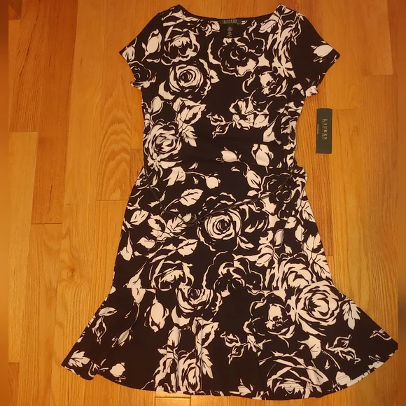 ralph lauren black and white floral dress Lauren Ralph Lauren Dress Womens 4 Black White Floral Long Sleeve Faux Wrap